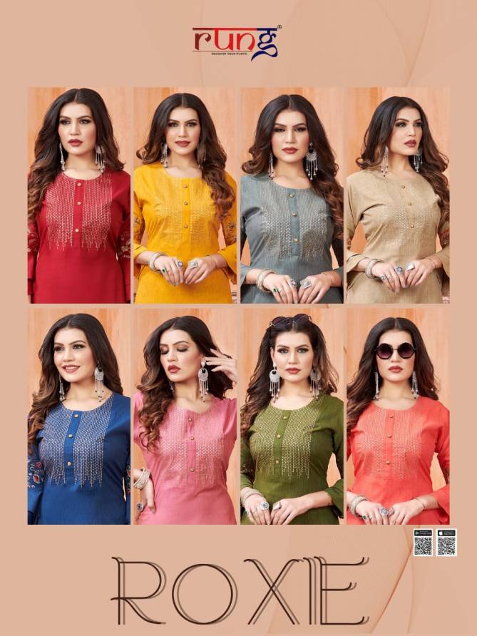RUNG ROXIE Heavy Luxuriya Rayon With Manual Embroidery With Sequence Work Fancy Kurtis Collection